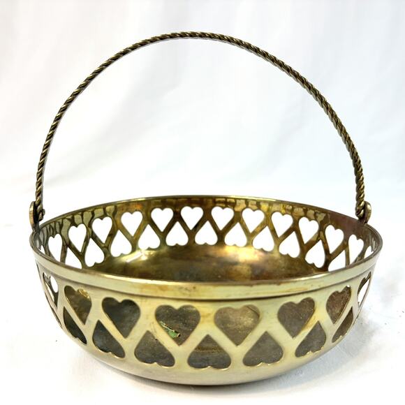 Other - Vintage Solid Brass Pierced Open Heart Basket Bowl with Handle 7.5” Diameter